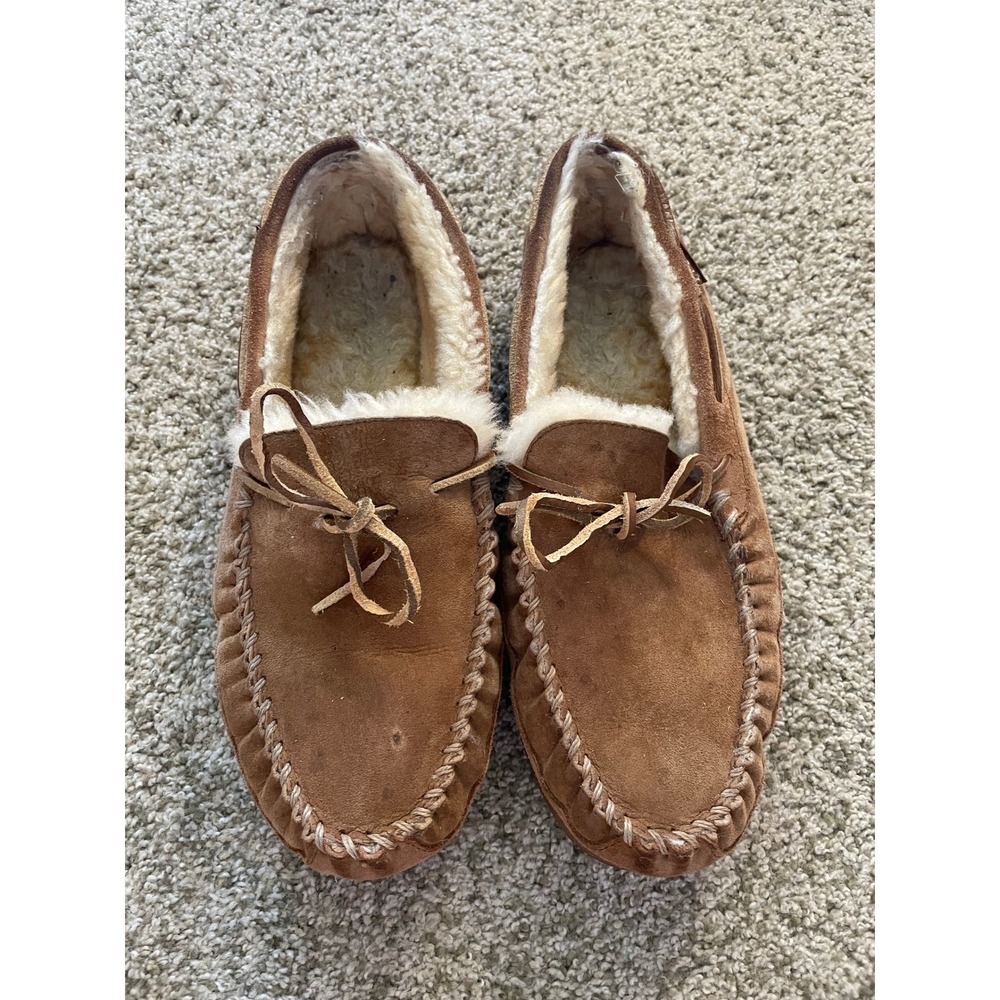 LL Bean Wicked Good Moccasins Men 11 Wide Brown Suede Shearling Slippers 264593
